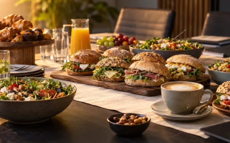 Vergadertafel met lunch voor een team.