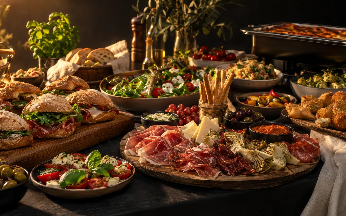 Tafel met belegde broodjes, salades en planken, klaargezet voor een groep.